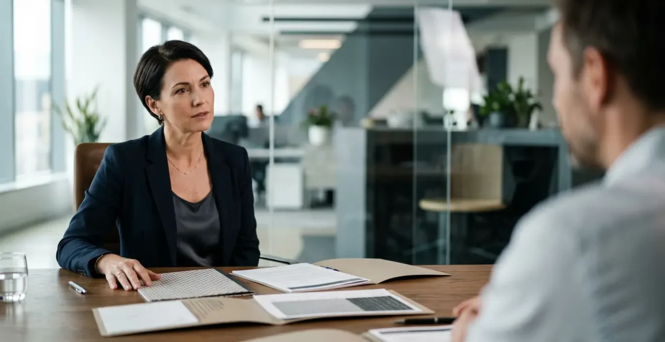 Chef d'entreprise en discussion professionnelle dans un bureau moderne, documents financiers sur la table