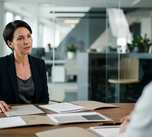 Chef d'entreprise en discussion professionnelle dans un bureau moderne, documents financiers sur la table