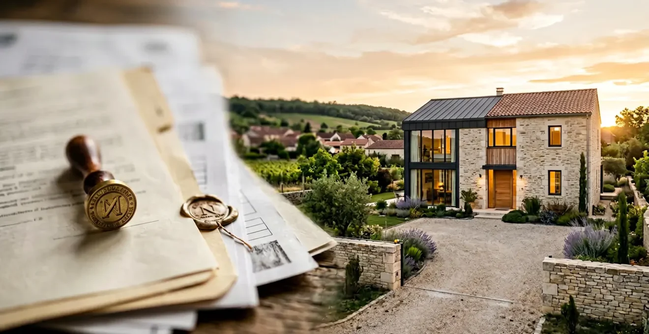 Vue architecturale d'une résidence familiale protégée par des documents juridiques avec notaire
