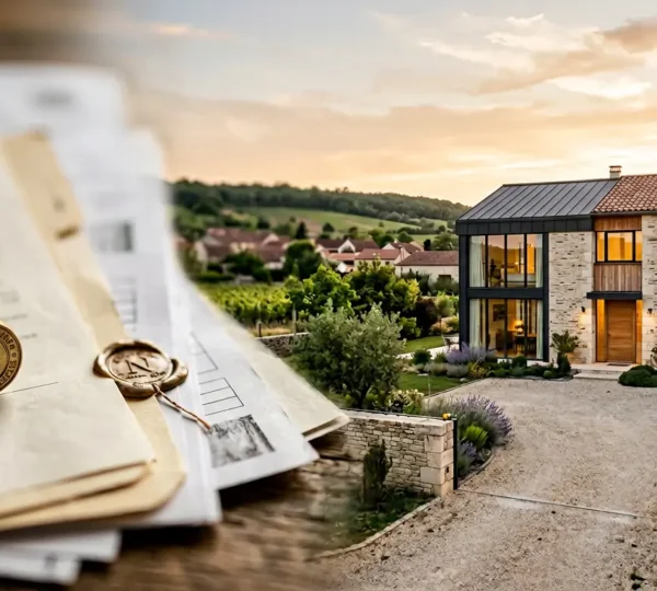 Vue architecturale d'une résidence familiale protégée par des documents juridiques avec notaire