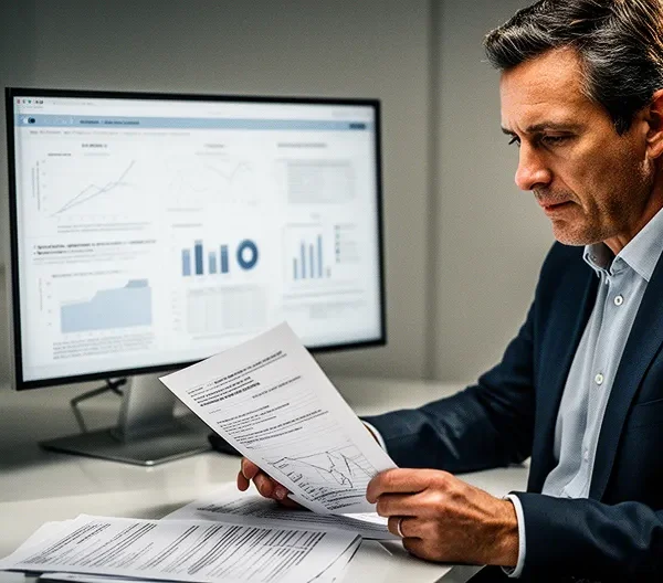 Dirigeant PME analysant documents RSE dans bureau moderne avec graphiques de durabilité