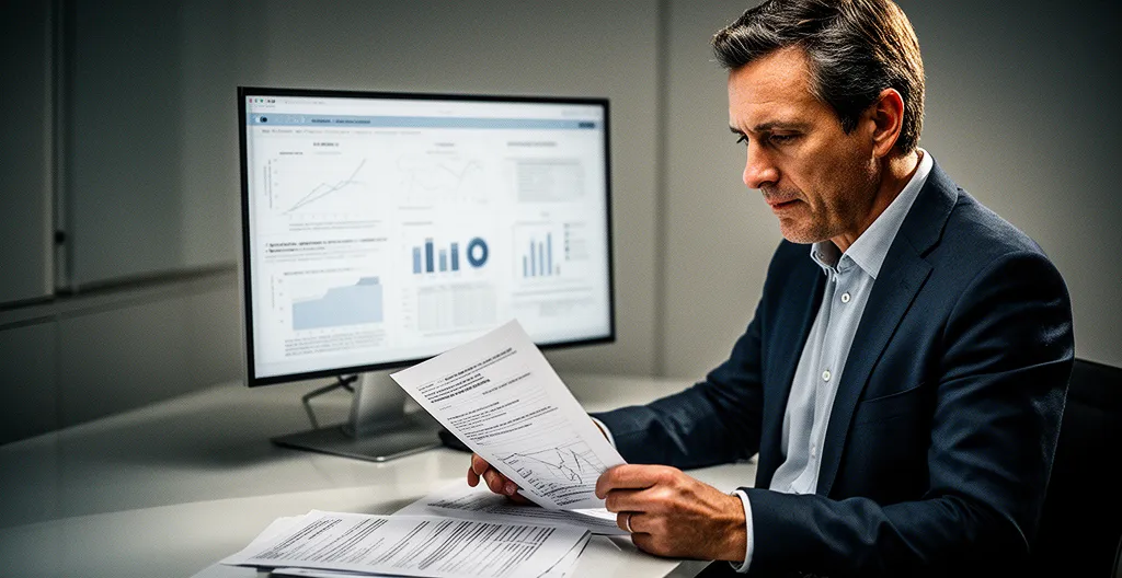 Dirigeant PME analysant documents RSE dans bureau moderne avec graphiques de durabilité