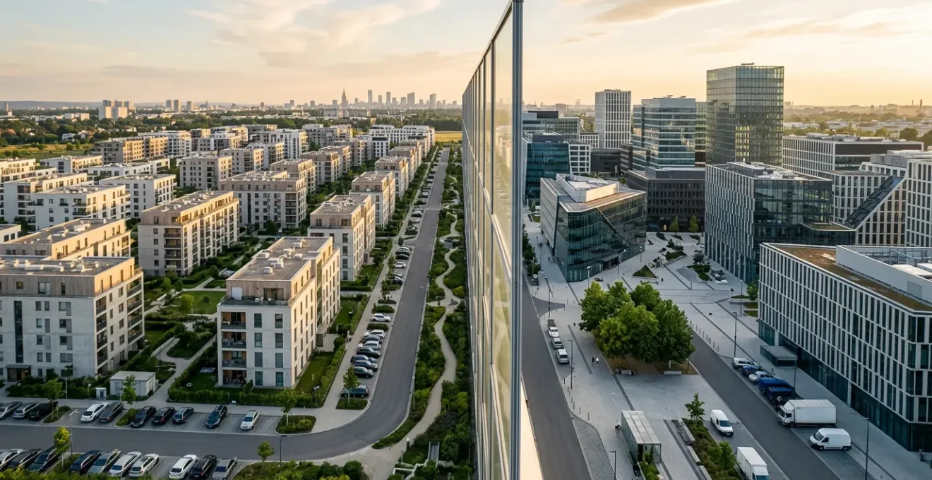 Vue aérienne d'un ensemble immobilier protégé avec des bâtiments résidentiels et commerciaux séparés par une barrière symbolique