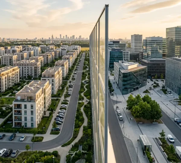 Vue aérienne d'un ensemble immobilier protégé avec des bâtiments résidentiels et commerciaux séparés par une barrière symbolique