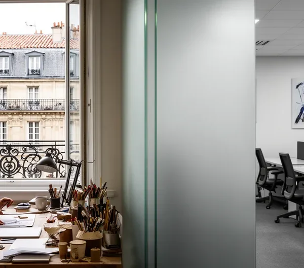 Illustration comparant symboliquement la protection sociale des indépendants et des salariés avec deux silhouettes professionnelles dans un environnement moderne français