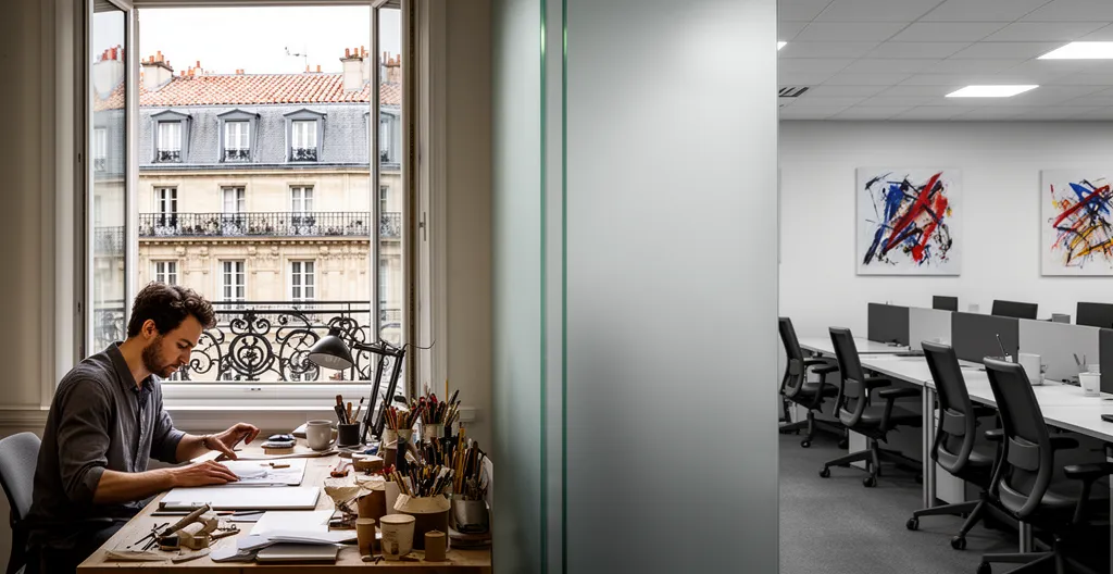 Illustration comparant symboliquement la protection sociale des indépendants et des salariés avec deux silhouettes professionnelles dans un environnement moderne français