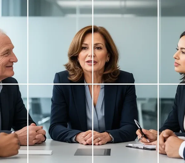 Équipe diverse en discussion constructive autour d'une table de réunion moderne avec gestes d'écoute active et langage corporel ouvert