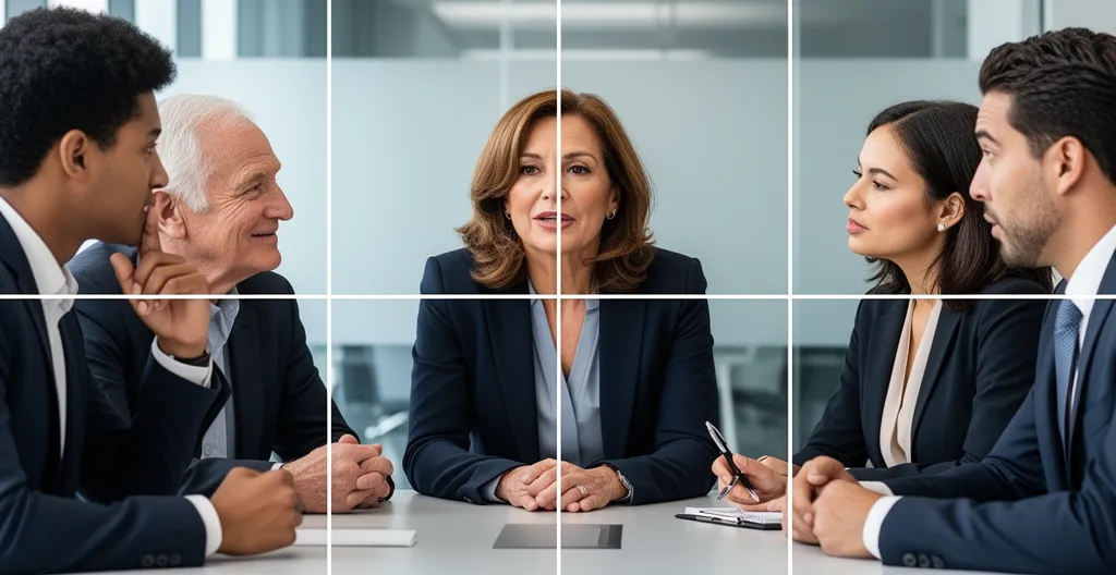 Équipe diverse en discussion constructive autour d'une table de réunion moderne avec gestes d'écoute active et langage corporel ouvert