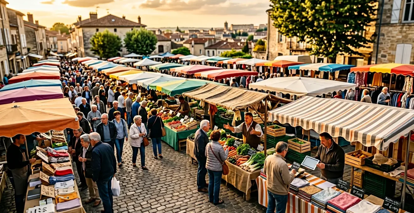 Vue aérienne d'un marché français avec des commerçants discutant de leurs prix, montrant la diversité des stratégies tarifaires