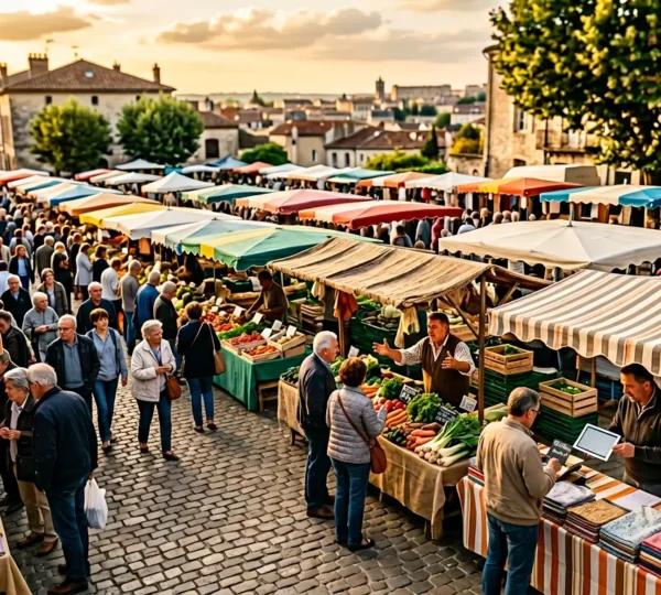 Vue aérienne d'un marché français avec des commerçants discutant de leurs prix, montrant la diversité des stratégies tarifaires