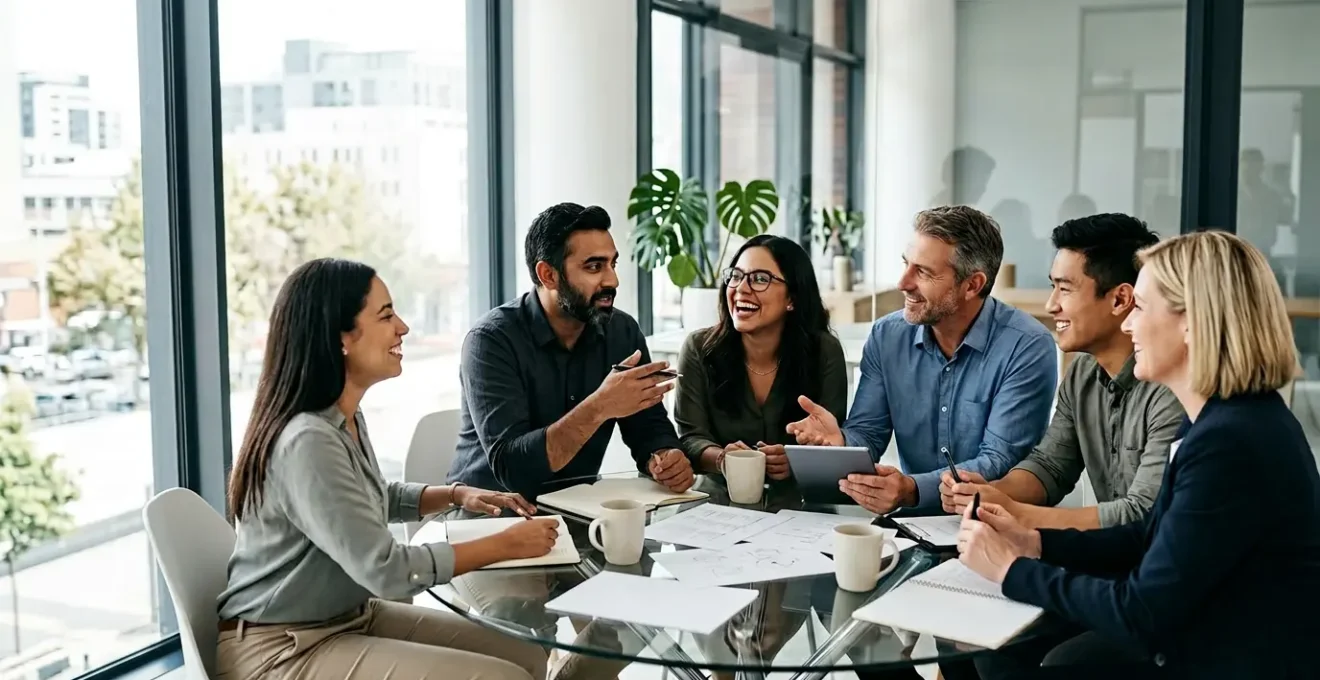 Une équipe diversifiée collabore autour d'une table ronde dans un espace lumineux et moderne