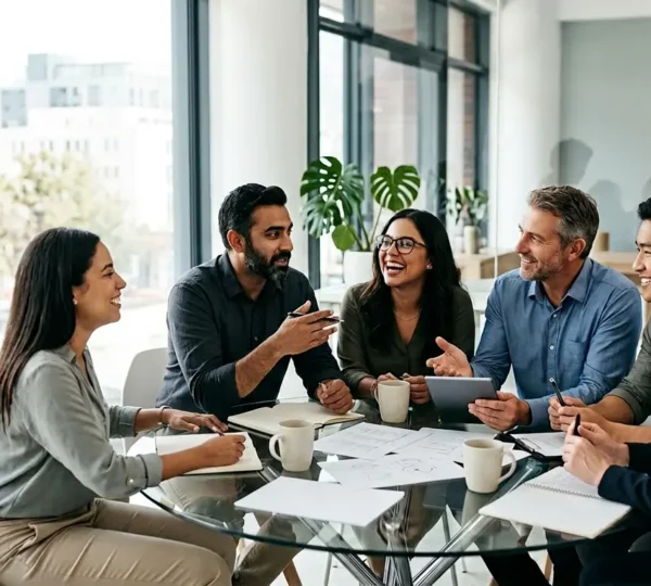 Une équipe diversifiée collabore autour d'une table ronde dans un espace lumineux et moderne