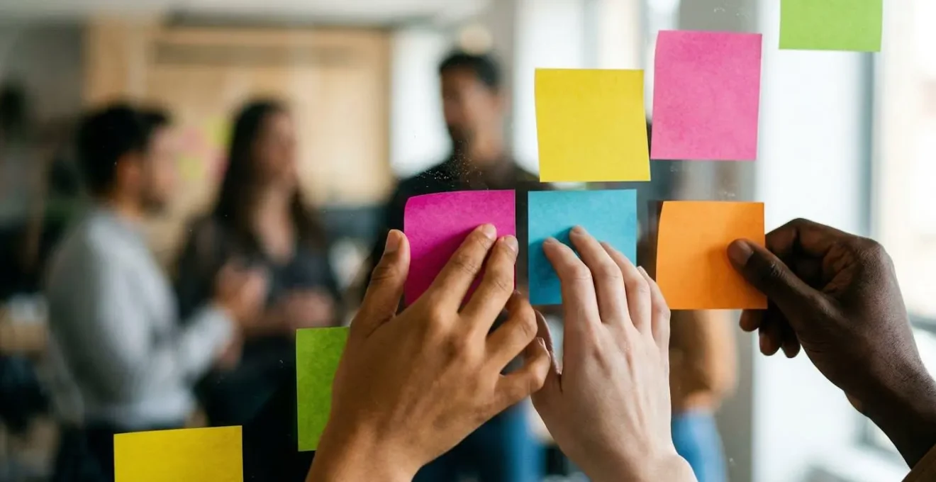 Atelier collaboratif avec équipe utilisant des post-its colorés sur un tableau pour identifier les besoins CRM