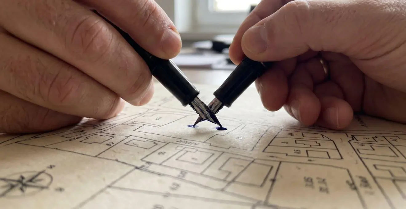 Main de notaire annotant un plan cadastral avec marqueurs de zones