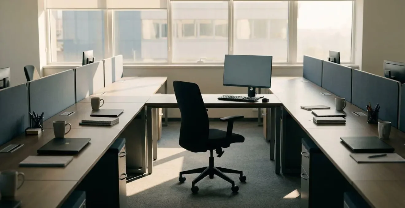 Espace de travail ouvert avec chaises vides symbolisant l'absence d'un collègue