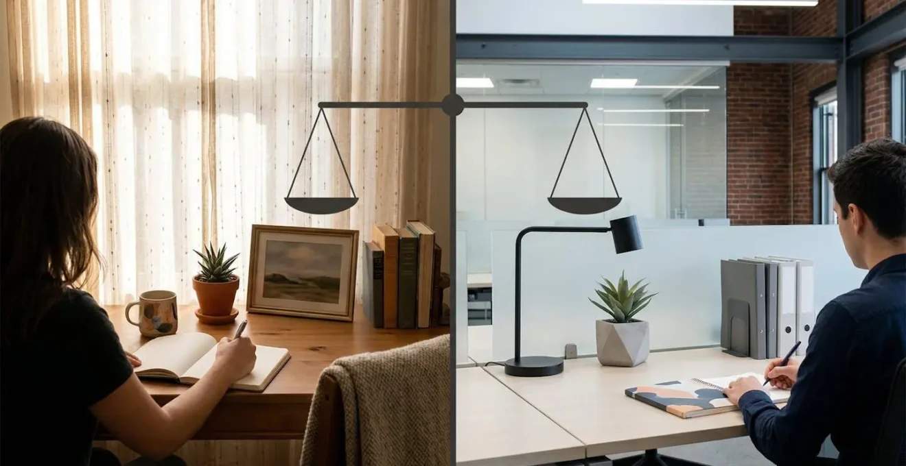 Comparaison visuelle entre bureau à domicile et espace de coworking moderne