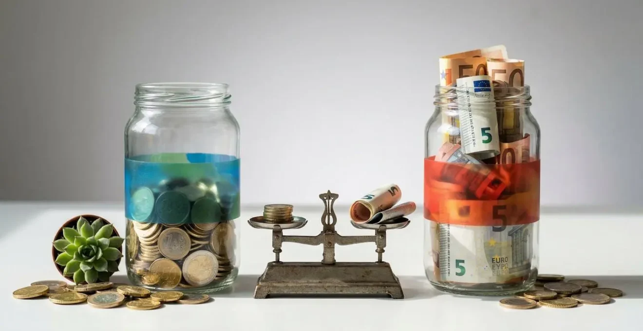 Comparaison visuelle entre une faible pile de pièces symbolisant le net d'un salaire et une grande pile de billets pour le même coût via l'intéressement.