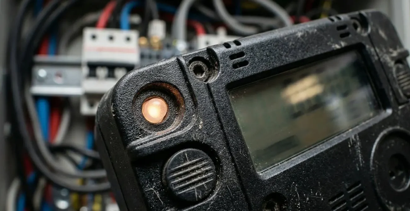 Gros plan sur un compteur électrique moderne avec système de suivi de consommation, illustrant la répartition des charges entre usage personnel et professionnel