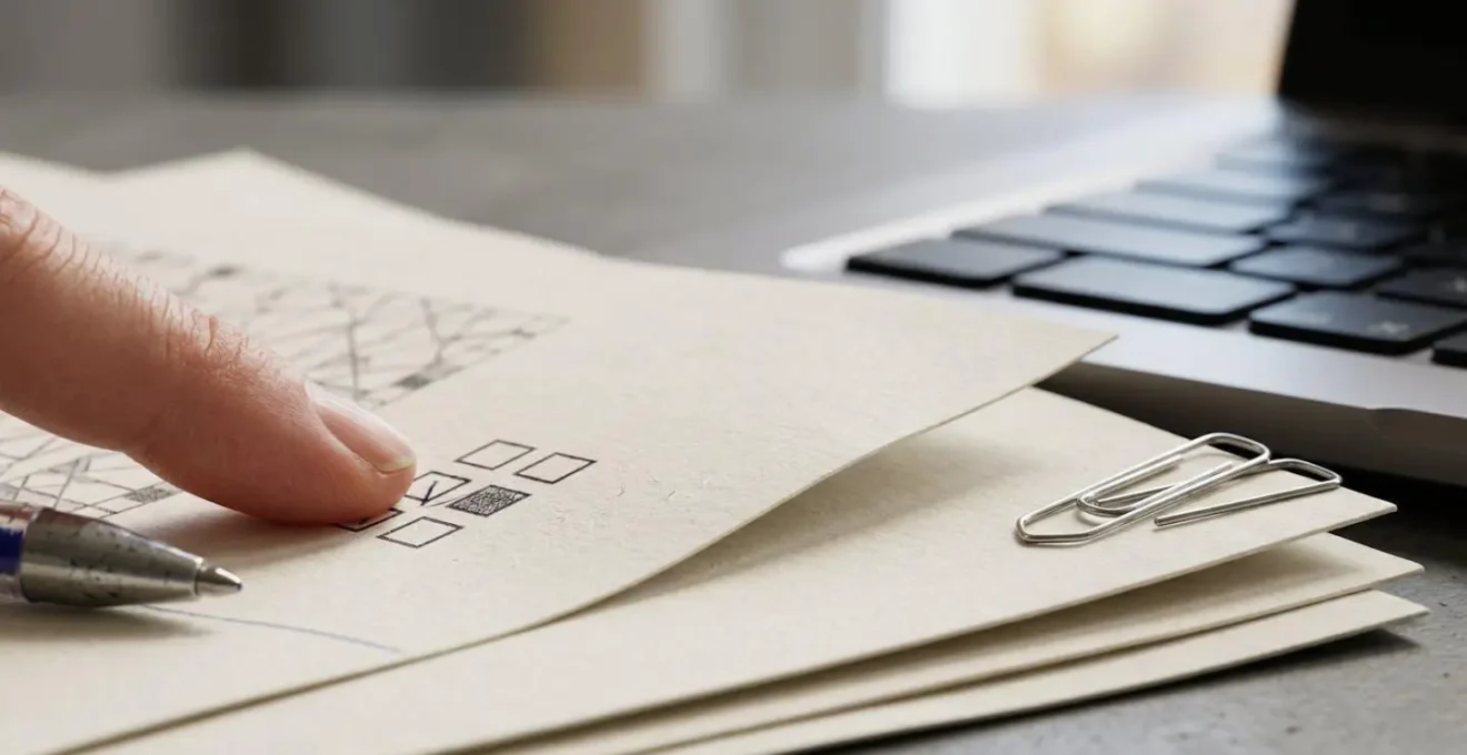 Gros plan sur un bureau avec documents administratifs et ordinateur montrant un formulaire de correction