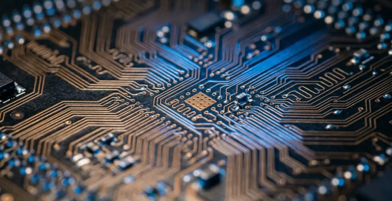 Vue macro de circuits imprimés interconnectés symbolisant la circulation des données d'entreprise