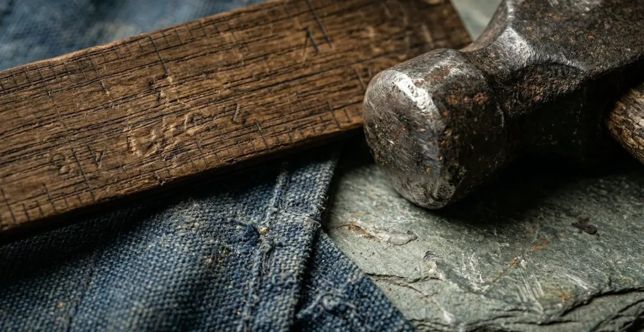 Vue macro de textures d'outils de travail artisanal montrant les détails et la matérialité du travail entrepreneurial