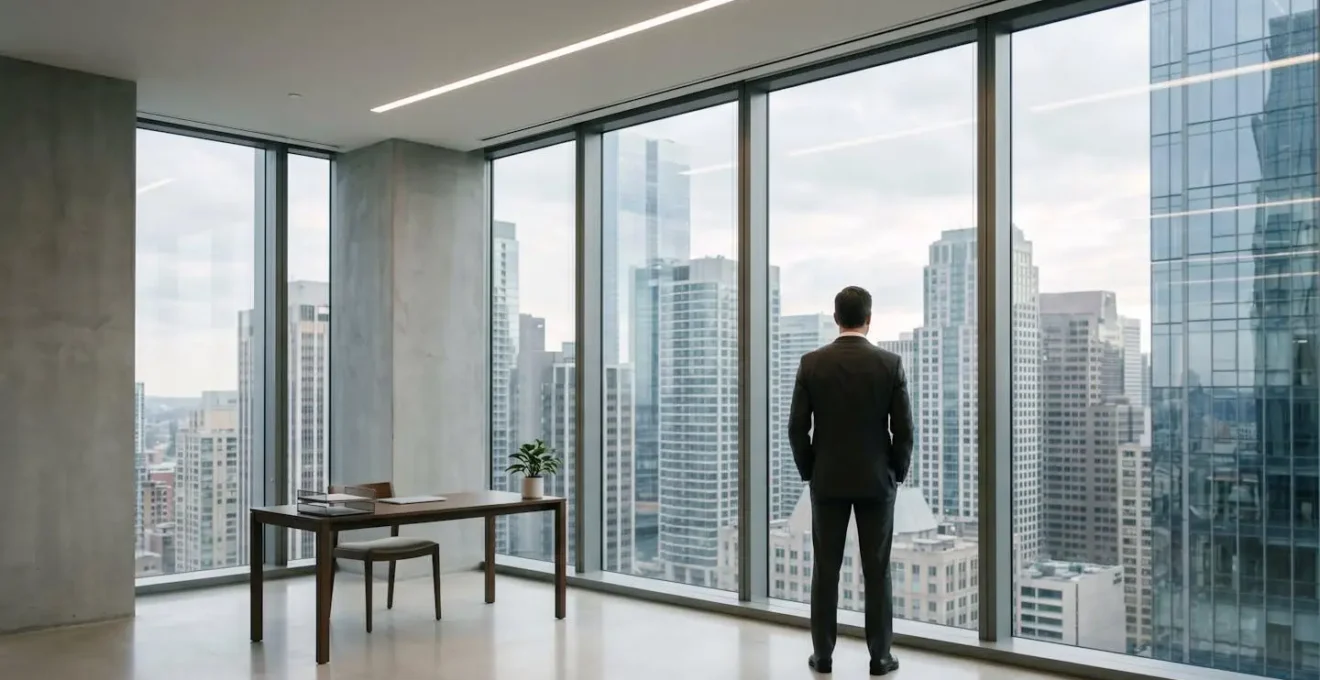 Dirigeant d'entreprise seul dans un espace de travail épuré, moment de réflexion