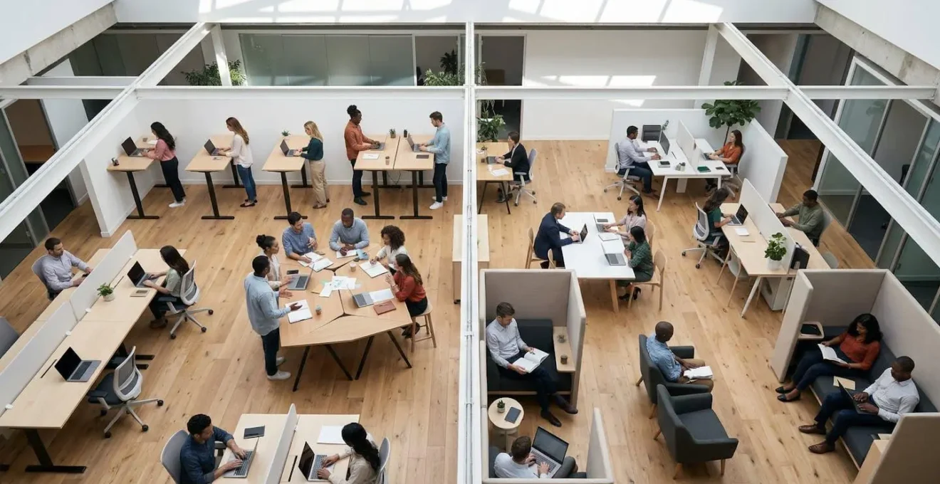 Vue aérienne d'un espace de travail ouvert montrant différents styles de travail en harmonie