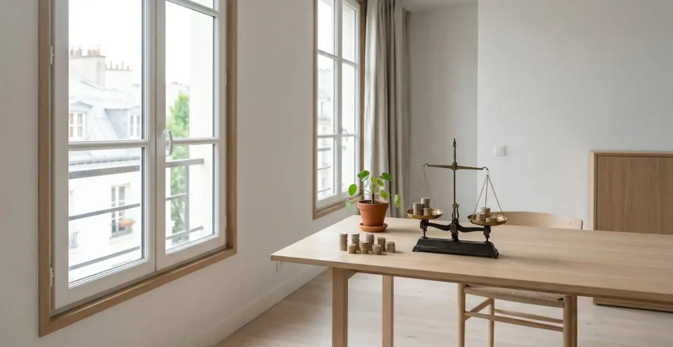 Vue large d'un espace de travail épuré avec des éléments symbolisant les choix de financement disposés sur une table