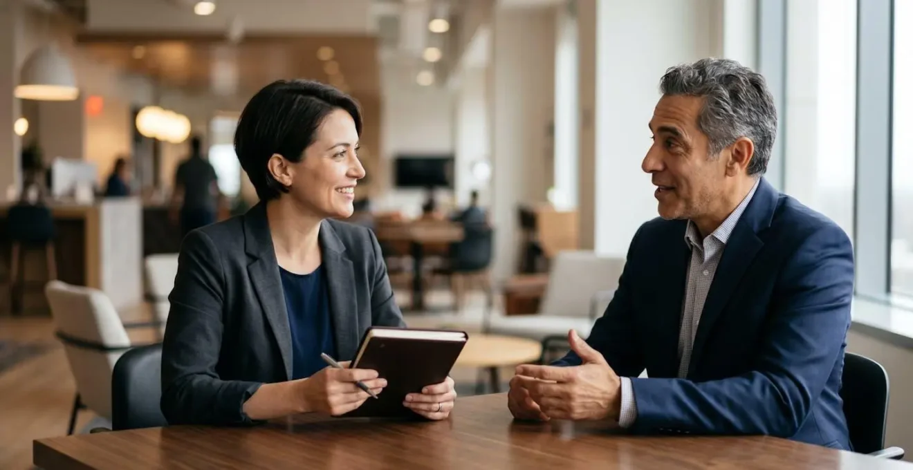 Professionnel menant un entretien qualitatif avec un client dans un environnement de bureau