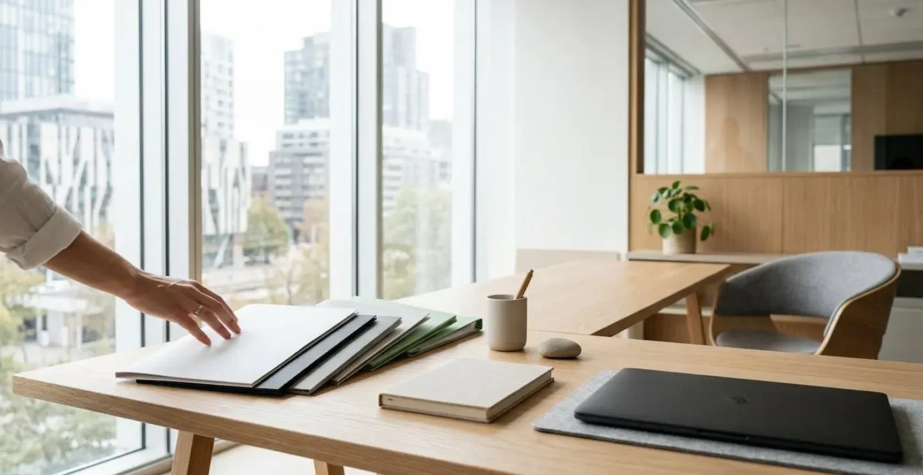 Vue d'ensemble d'un espace de travail épuré avec documents administratifs organisés méthodiquement