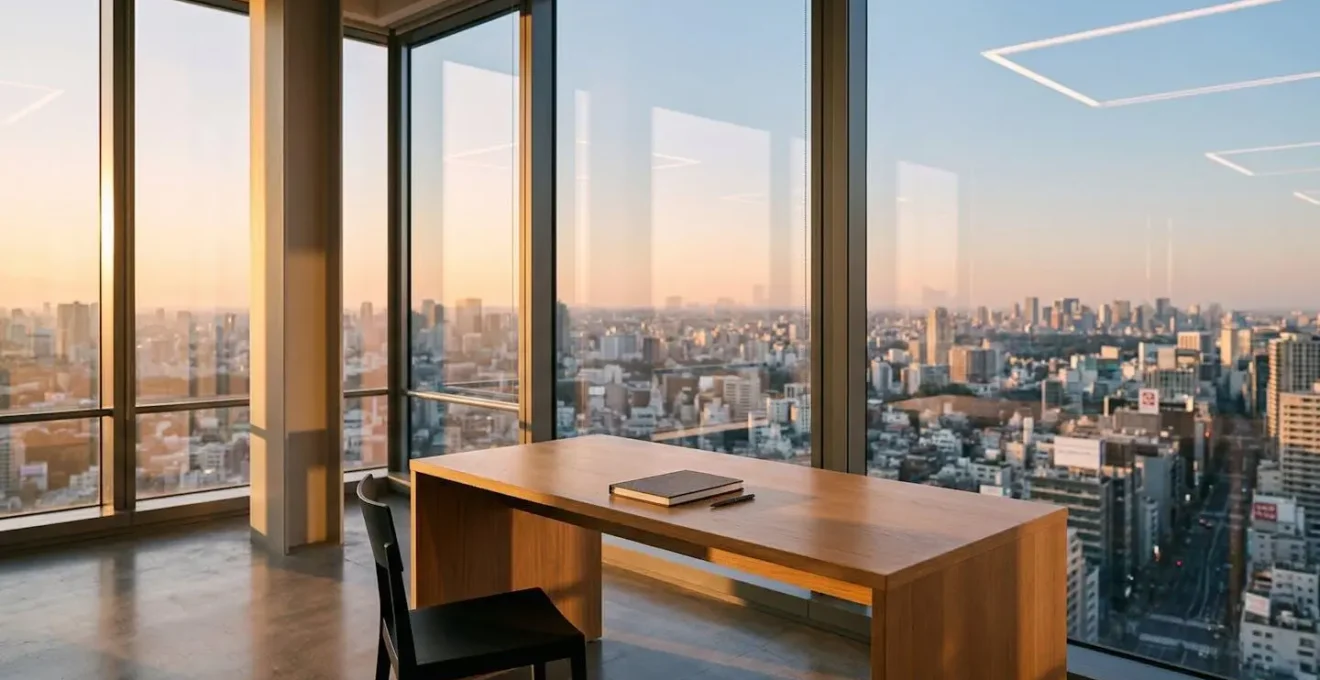 Espace de travail épuré avec vue sur un paysage urbain matinal, suggérant un moment de préparation mentale avant une journée importante