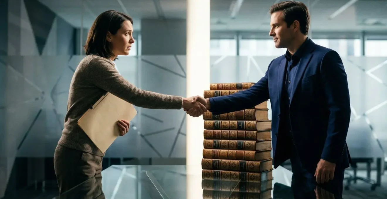 Consultation entre un juriste spécialisé et un entrepreneur indépendant dans un cabinet moderne aux tons neutres