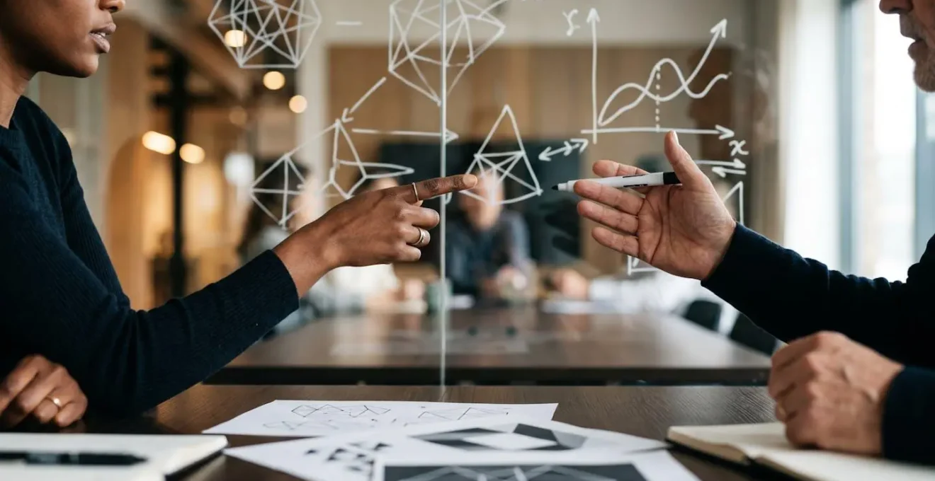 Mains d'entrepreneurs montrant des graphiques abstraits et schémas géométriques lors d'une présentation professionnelle