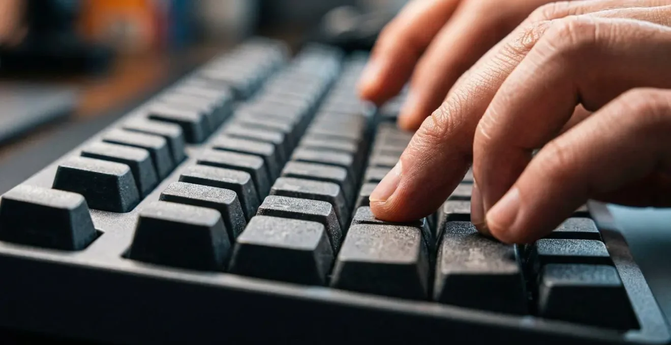 Gros plan sur des mains tapant sur un clavier d'ordinateur avec effet de flou artistique