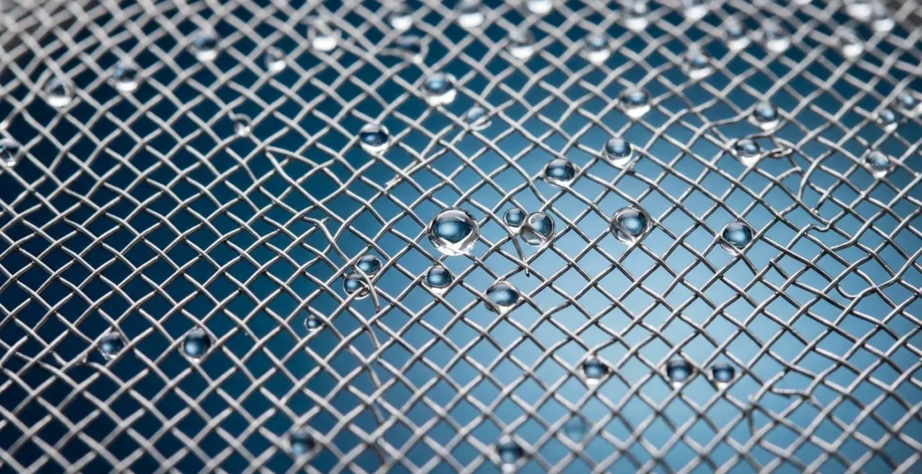 Macro d'un système de filtrage avec gouttes d'eau cristallines représentant l'information filtrée