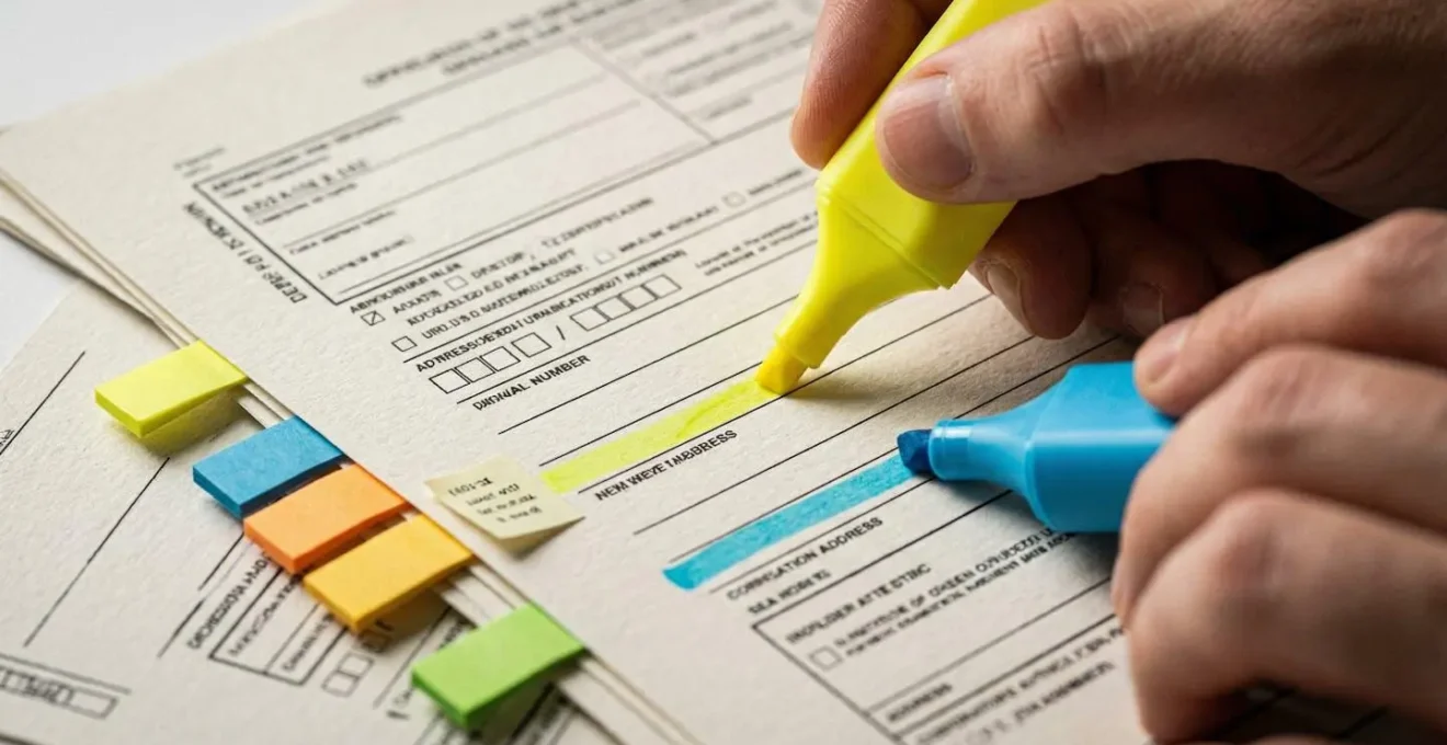 Formulaire M2 annoté avec surligneurs et post-its colorés sur bureau