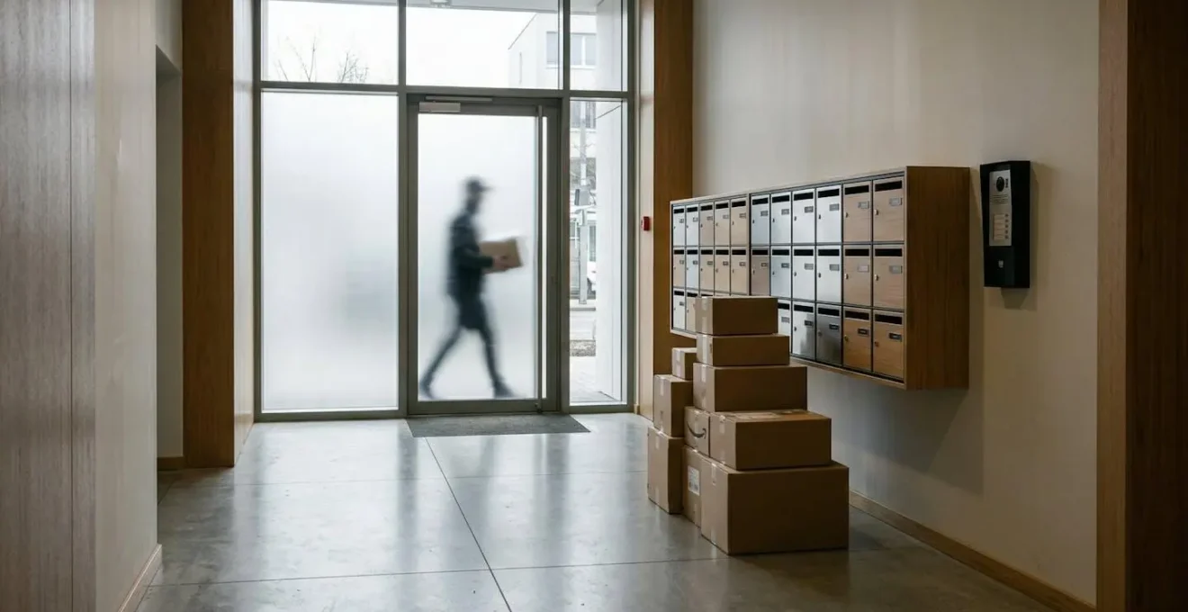 Hall d'entrée d'un immeuble résidentiel avec boîtes aux lettres et interphone, montrant l'impact potentiel d'une activité professionnelle