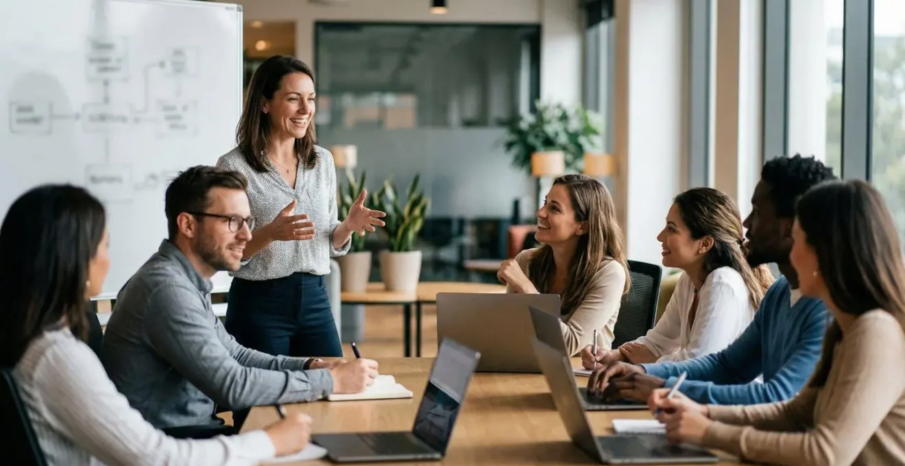 Formation d'équipe commerciale sur l'utilisation d'un nouveau CRM dans une salle de formation moderne