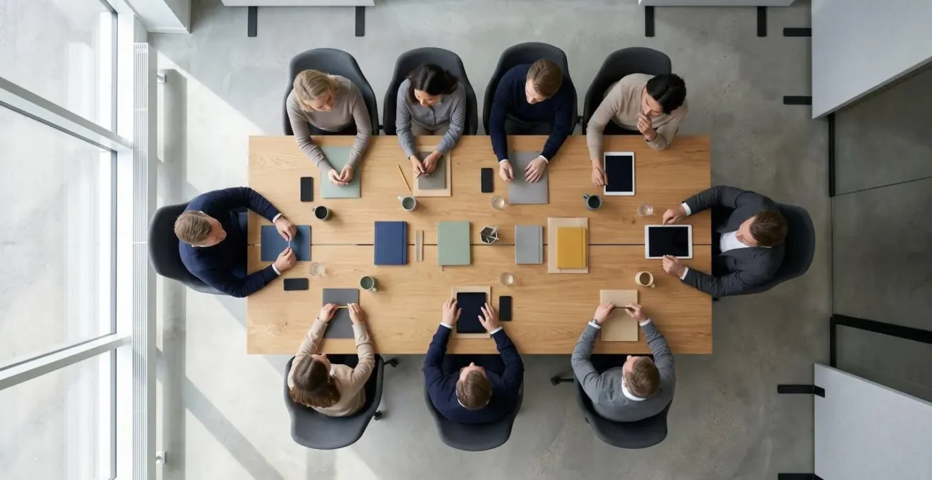 Vue aérienne d'un espace de travail collaboratif avec professionnels en réunion