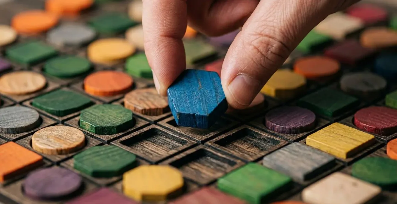 Vue macro d'une main positionnant des pions colorés sur une matrice abstraite représentant différentes valeurs et profils motivationnels