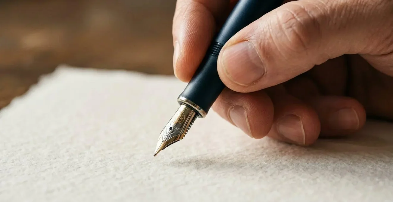 Vue macro d'une main tenant un stylo au-dessus d'un document avec focus sur la texture du papier