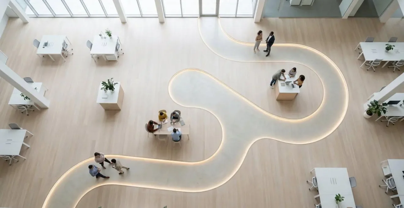 Vue aérienne d'un espace de travail ouvert montrant le parcours d'intégration d'un nouvel employé