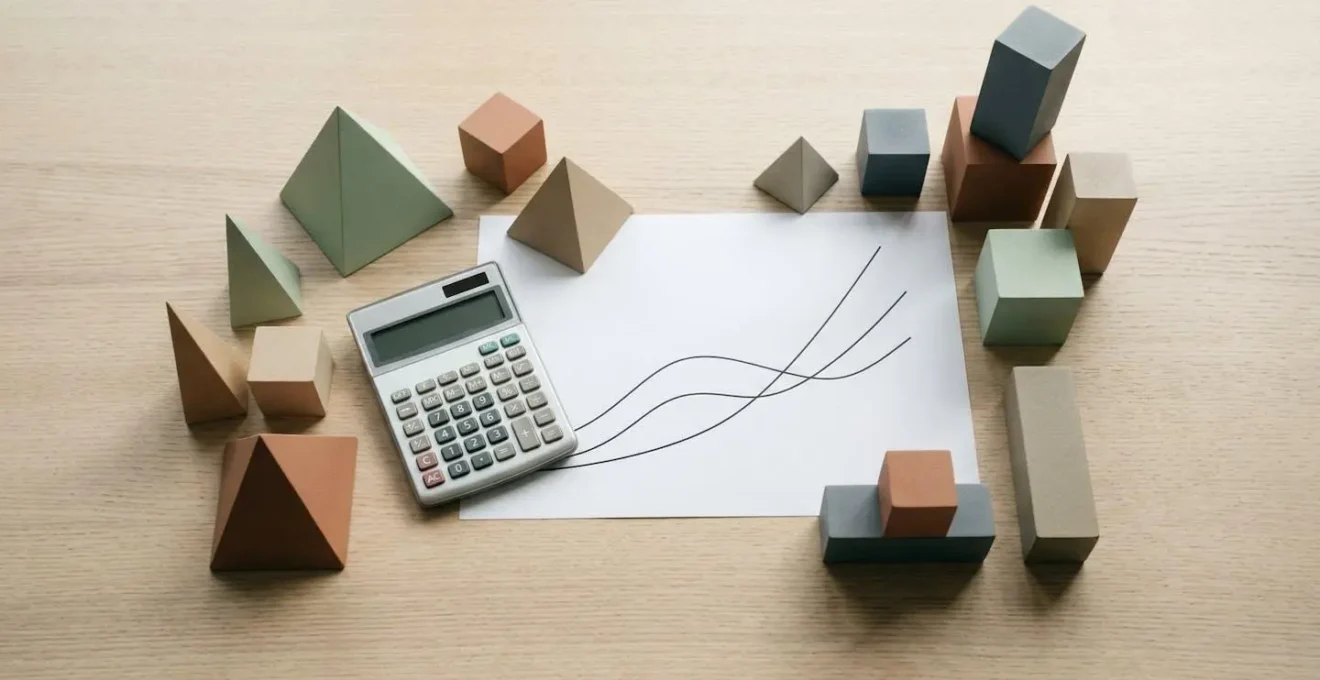 Vue aérienne minimaliste d'un bureau avec calculatrice et graphiques symbolisant la planification retraite