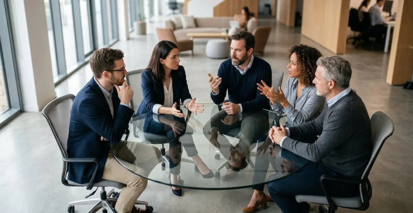 Équipe en cercle autour d'une table en verre réfléchissant ensemble dans une salle lumineuse