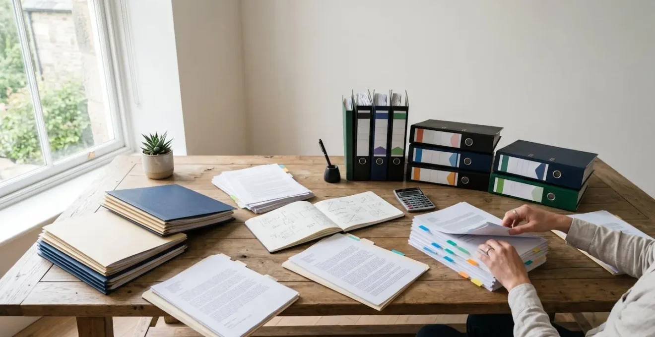 Professionnel organisant méthodiquement ses documents de qualification sur une table de travail