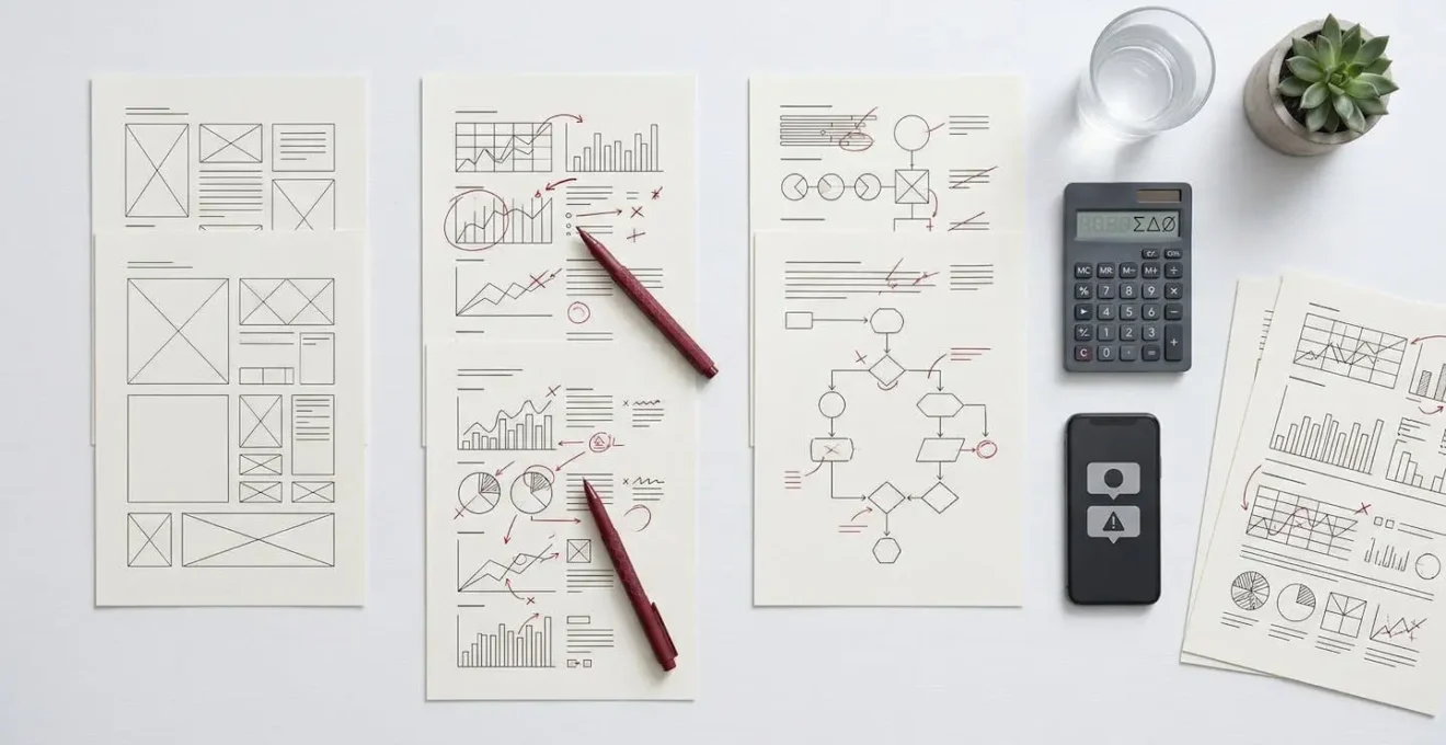 Schéma visuel du processus de correction d'erreur URSSAF avec documents et calculatrice