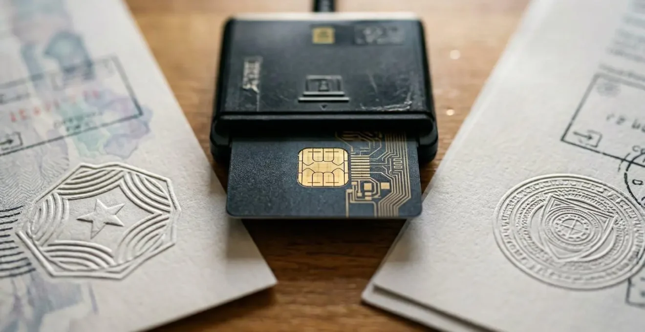 Gros plan sur une carte à puce et un document officiel avec cachet de validation