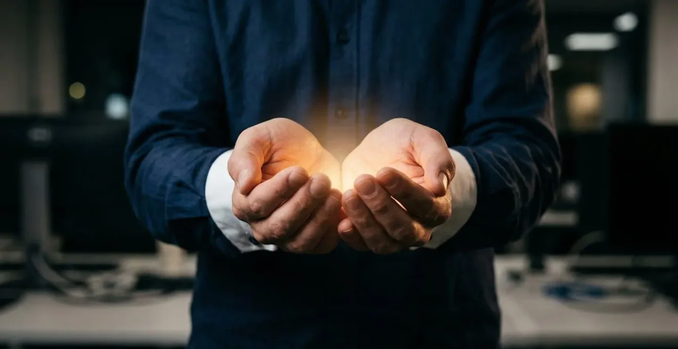 Mains formant un geste protecteur autour d'un espace lumineux symbolisant la protection des données