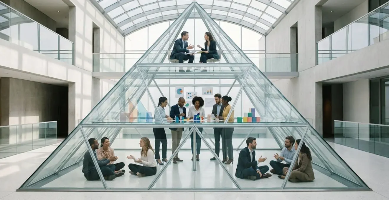 Pyramide symbolique montrant les niveaux d'impact du team building avec des personnes à différentes hauteurs