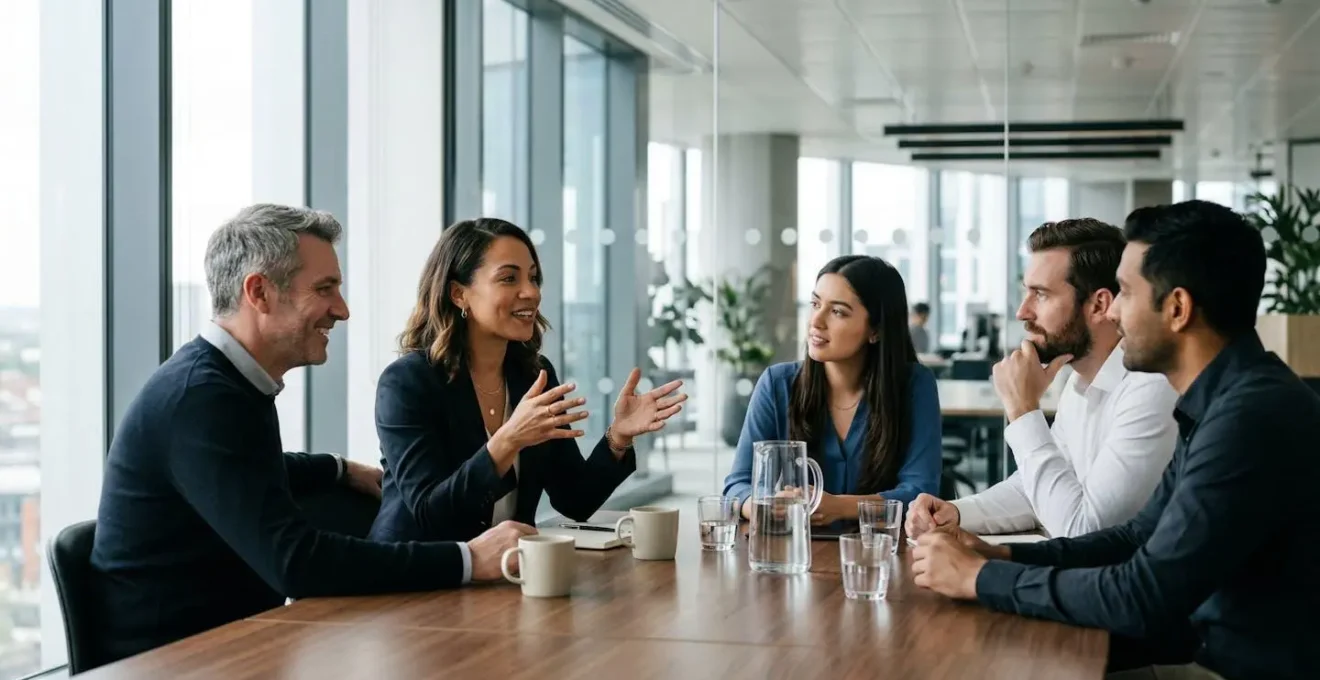 Salle de réunion moderne avec plusieurs personnes en discussion autour d'une table